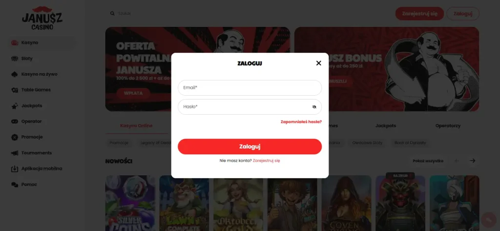 Aktualny formularz rejestracji Janusz Casino bez danych osobowych