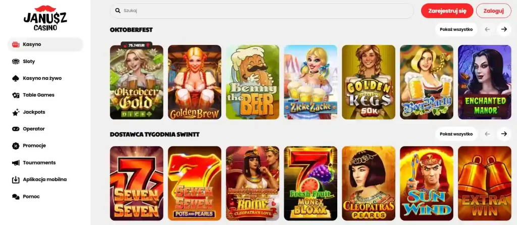 Aktualny widok lobby gier Janusz Casino z widocznymi kategoriami