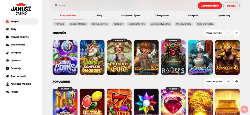 Aktualny widok sekcji automatów w oficjalnym lobby Janusz Casino