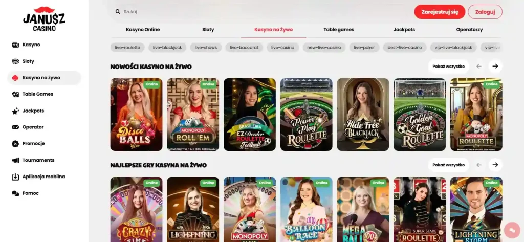 Aktualny widok sekcji Live Casino w oficjalnym lobby Janusz Casino