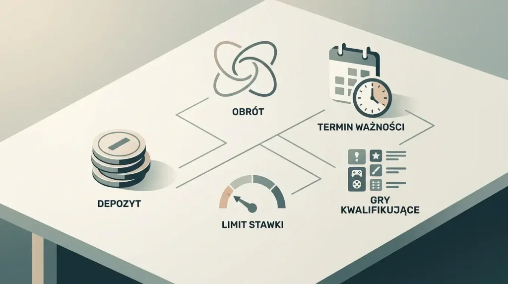 Ilustracja parametrów bonusu kasynowego: depozyt, obrót, ważność i warunki gier