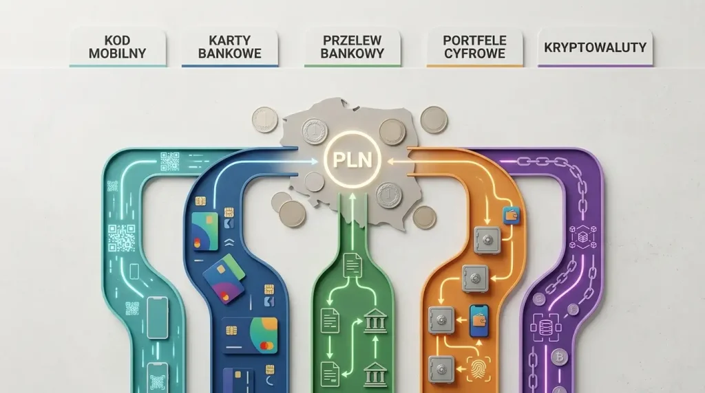 Ilustracyjna macierz metod płatności z kategoriami BLIK, karta, przelew, portfel i krypto
