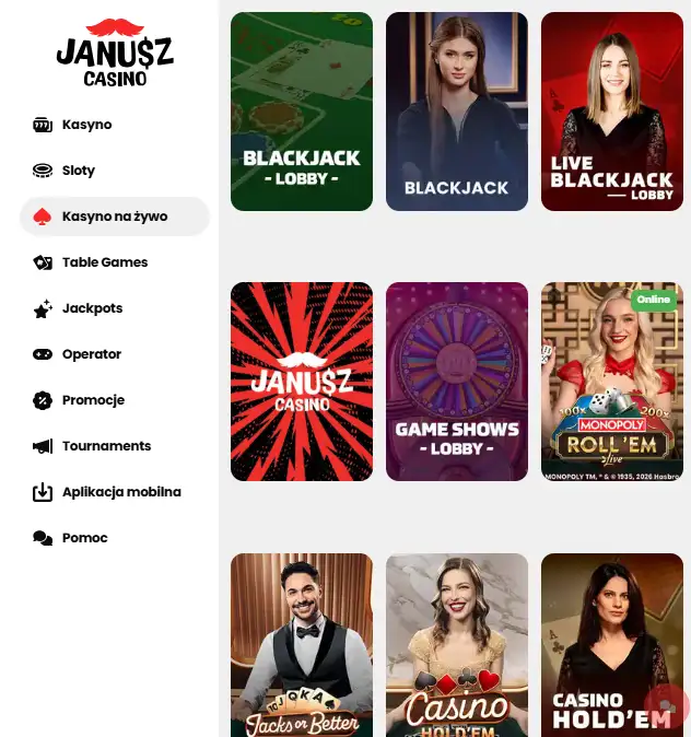 Mobilny widok oficjalnej strony Janusz Casino