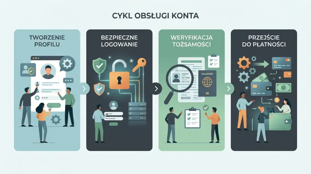 Neutralna ilustracja cyklu konta od rejestracji przez logowanie i KYC do płatności
