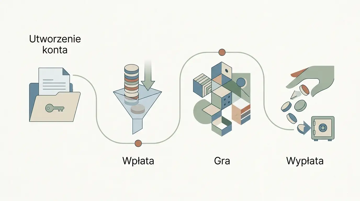 Neutralny schemat etapów konto, wpłata, gra i wypłata