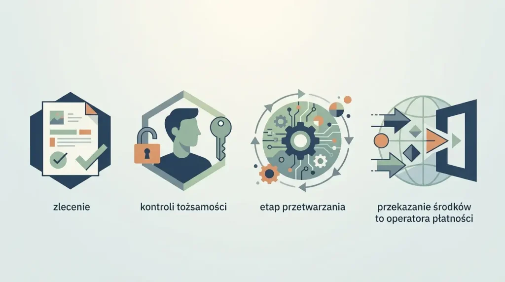 Neutralny schemat procesu wypłaty od zlecenia przez KYC i przetwarzanie do operatora płatności