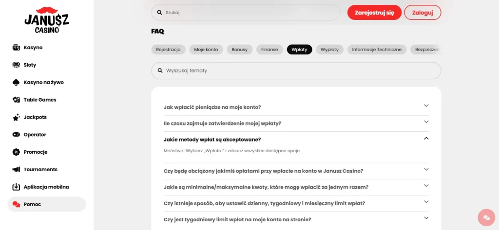 Widok kasy Janusz Casino z metodami wpłat bez danych użytkownika